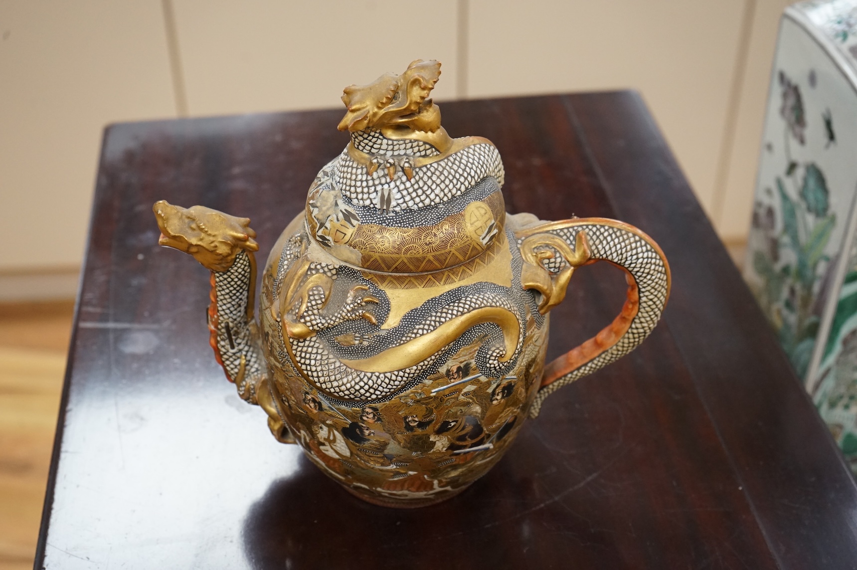 A Japanese Satsuma teapot dragon, Meiji period, 23cm high
